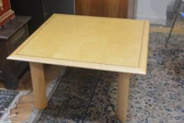 A handmade satinwood inlaid border coffee table, the square top with crossbanded border on square