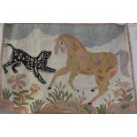 A North Indian crewelwork panel depicting a horse and hound complete with pine pole, backed (62cm