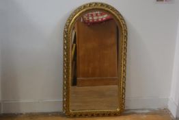 A 1950s gilt scrolling leaf openwork bordered arched wall mirror with bevelled glass plate (86cm x