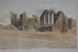 Peter Foster, Kildrummy Castle, pen and ink drawing highlighted with colour, signed and dated August