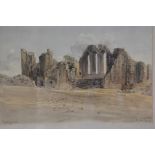 Peter Foster, Kildrummy Castle, pen and ink drawing highlighted with colour, signed and dated August