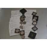 A collection of coins including an 1866 penny in fine condition, a George III halfpenny, 1807,