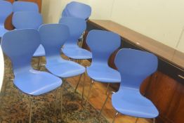 A set of twelve Danerka Danish Jacobsen style blue lacquered bentwood chairs on chrome supports (