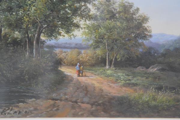 K Larson, Two Figures on a Country Road, watercolour (23cm x 29cm)