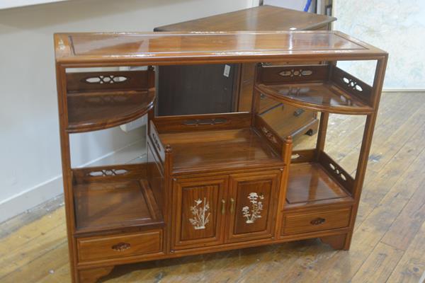 A Chinese cherrywood mother of pearl inlaid side cabinet, the rectangular top with centre section,