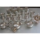 A set of six pewter wine goblets, a set of six baluster pewter goblets, three various pewter