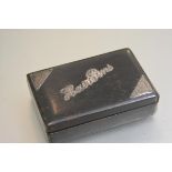 An ebonised rectangular hairpin box with London silver mounted engraved corners and hairpin panel,