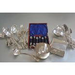 A silver square shaped cigarette box with engraved intial S (a/f), an Epns two handled porringer,
