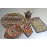 An Eastern brass two handled sugar basin and cover and a collection of embroidered 19thc and later