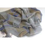 A mohair and wool fringed moss green, grey and white checked lap throw/blanket (158cm x 270cm)