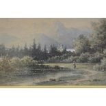 J Hoffmann, Fishermen by a Pond, watercolour, signed lower left (13cm x 18cm)