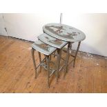 A set of three 1920's silver lacquer Chinoiserie nesting tables, probably Hille of London, oval,