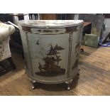 A 1920's silver lacquer Chinoiserie demilune side cabinet, probably Hille of London, the top