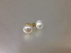 A pair of cultured freshwater pearl stud earrings mounted in 9ct yellow gold, of flattened spherical