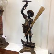 A Venetian painted and parcel gilt wooden blackamoor figure, c. 1900, modelled as a gondolier on the