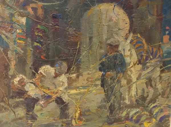 Rahmi Pehlivanli (Turkish 1926-1992), Figures by an Arch, oil on board, bearing presentation