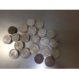 A group of Mexican coins: 13 X 1 peso (10% silver), 21g fine and 8 others (72% silver 133.2g)