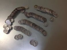 A group of U.S. silver Washington quarters, pre 1965, c. 180 coins.