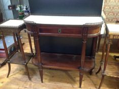 A marble topped mahogany console dessert in the French taste, the d-shaped top with pierced brass