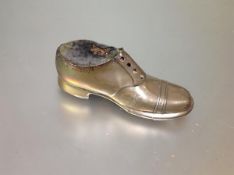 An Edwardian large silver shoe-form pin cushion, S. Blanckensee & Son Ltd., Chester 1909, the brogue