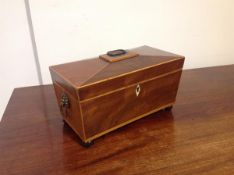 A Regency boxwood strung mahogany sarcophagus tea caddy, the cover with shaped loop handle,