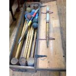 A vintage Jacques pine-cased croquet set, containing six mallets, twin stakes (one a/f), balls,