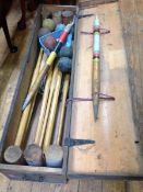 A vintage Jacques pine-cased croquet set, containing six mallets, twin stakes (one a/f), balls,