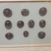 A framed group of ten intaglio seals, mostly after Roman originals. Frame 29cm by 31cm