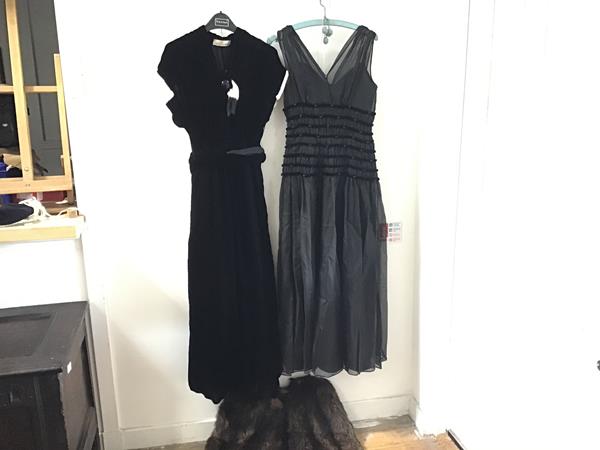 A 1930s/40s Heiress velvet ruched short sleeved cocktail dress with ermine trimmed shoulders and