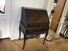 A late George II/early George III mahogany bureau on later stand, the slat front bureau (possibly