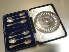 A set of six Sheffield silver coffee spoons complete with tongs and a Birmingham silver mounted