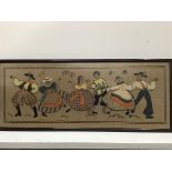 A 1950s Swedish embroidered panel, Folk Dancing, with felted jackets, hats etc. (37cm x 96cm)