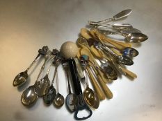 A collection of souvenir white metal and Epns and silver teaspoons, miscellaneous jam spoons, Epns