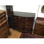 A 19thc mahogany bow front chest, the top with reeded edge above two short and three graduated