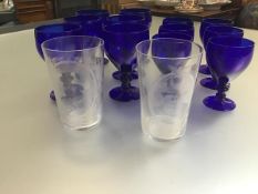 A set of six Bristol blue glass wine glasses (h.11cm) and a set of five Bristol blue glass port