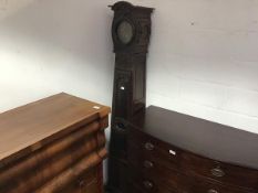 A French 19thc oak longcase clock, the smaller circular brass dial with roman numerals, the hood