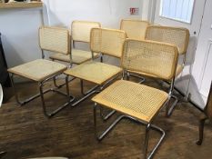 A set of six beech frame Habitat chrome cantilever chairs with cane panel backs and seats (83cm x