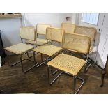 A set of six beech frame Habitat chrome cantilever chairs with cane panel backs and seats (83cm x