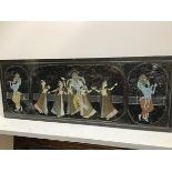 An Indian painting of Gods and Dancing Maidens, mixed media highlighted with gold (50cm x 130cm)