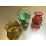 A Lotz style lustre vase with craquelure glaze (h.10cm x 10cm), a cranberry glass vase (h.12cm)