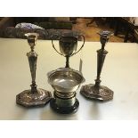 A pair of Edwardian Sheffield plated octagonal candlesticks (one missing drip tray), with family