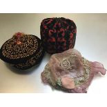 A 1920s pink chiffon embroidered flapper style hat with handmade lace and crimped border, a