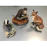 Three Border Fine Arts composition figures, Fox (h.14cm x10cm), an Otter and a Badger (3)