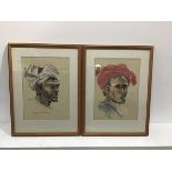 A Doe, Portrait of a North African Figure with Red Turban, watercolour, signed and dated 1966 and