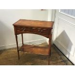 A yew wood side table, the rectangular top with crossbanded border above two frieze drawers, on