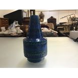 A 1960s Italian pottery circular conical mounted vase lamp decorated with incised turquoise glaze (