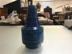 A 1960s Italian pottery circular conical mounted vase lamp decorated with incised turquoise glaze (