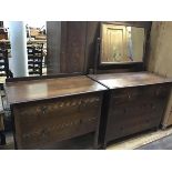 An oak two piece bedroom suite comprising a dressing chest with rectangular mirror above two short