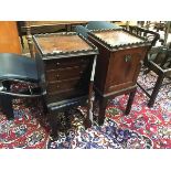 A pair of mahogany bedsides, the square tops with crenellated edge above an arched panel door