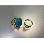 A yellow metal turquoise scarab style ring (9.28g) (Q) and a yellow metal solitaire style ring (3.